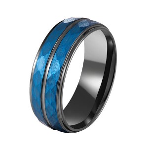 Free sample for Tungsten Ring Womens - Hammer 8mm Blue Hammered Tungsten Carbide Ring Black Two Tone Wedding Band Groove Step Edge – Ouyuan