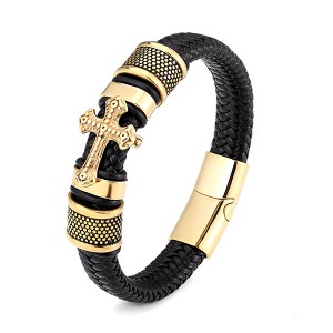 Men’s Cross Bracelet Lustrous Gold Finish Black Leather Rope Cord With Stainless Steel