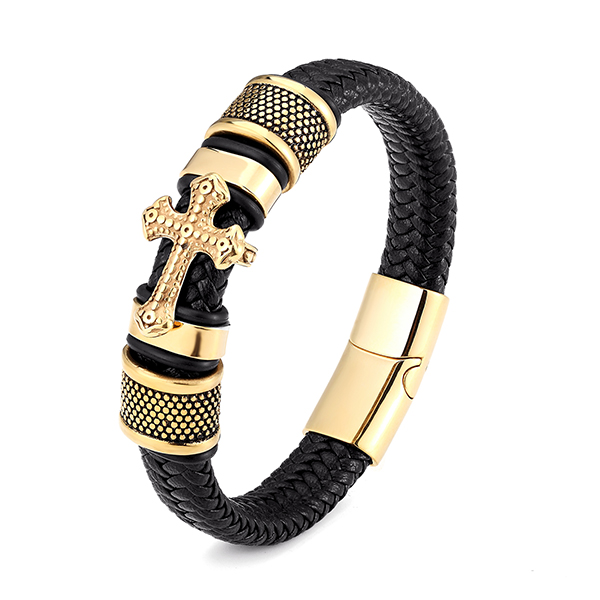 China OEM Tungsten Ring Hardness - Men’s Cross Bracelet Lustrous Gold Finish Black Leather Rope Cord With Stainless Steel – Ouyuan