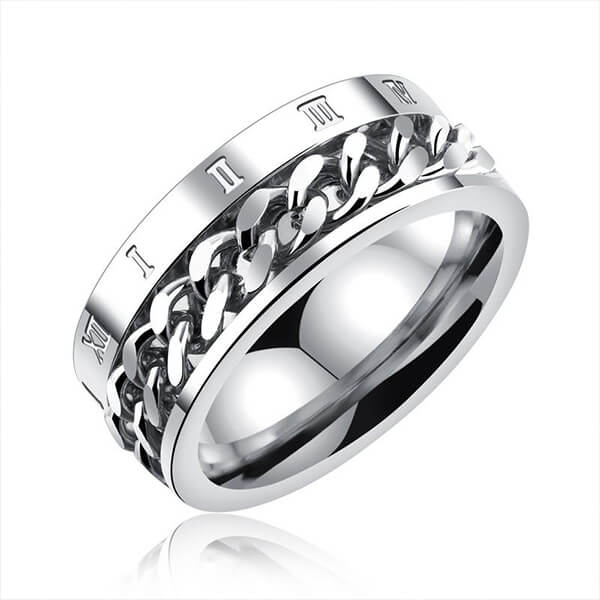 Stainless Steel Silver Cuban Chain Rotating Ring Titanium Steel Roman Numeral Chainring Featured Image
