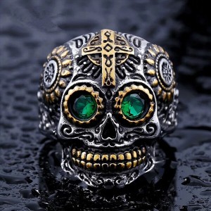 Men’s Stainless Steel Silver Gold Gothic Cross Skull Ring Green Eye Vintage Flower Carved Halloween