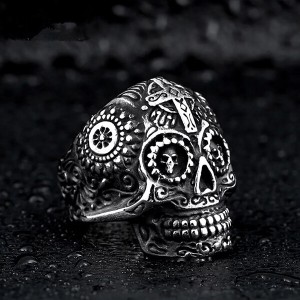 Men’s Stainless Steel Silver Gold Gothic Cross Skull Ring Green Eye Vintage Flower Carved Halloween