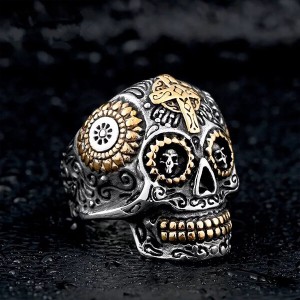 Men’s Stainless Steel Silver Gold Gothic Cross Skull Ring Green Eye Vintage Flower Carved Halloween