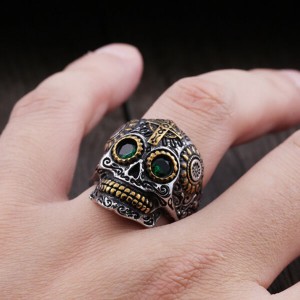 Men’s Stainless Steel Silver Gold Gothic Cross Skull Ring Green Eye Vintage Flower Carved Halloween