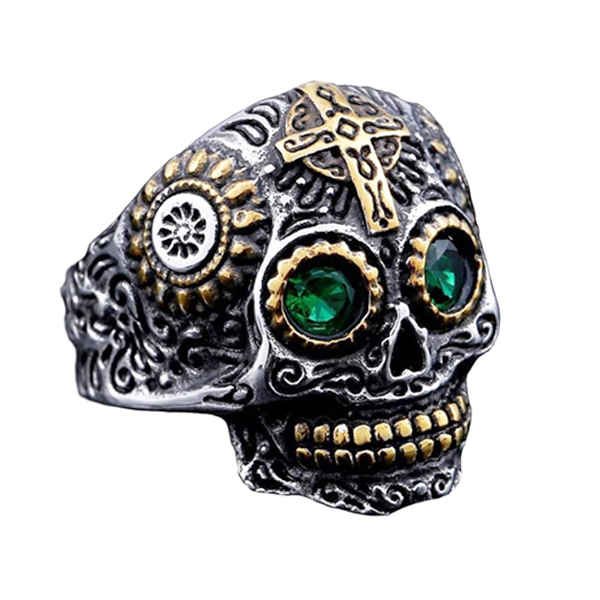 Men’s Stainless Steel Silver Gold Gothic Cross Skull Ring Green Eye Vintage Flower Carved Halloween Featured Image