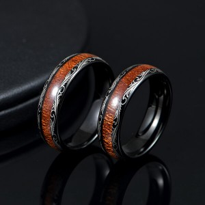 Men’s Black Tungsten Carbide Wedding Band Wood Inlay Floral Design Engagement Ring