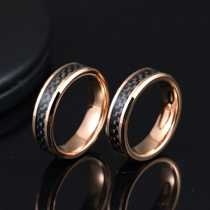 Mens Black Carbon Fiber And Rose gold Tungsten Ring Wedding Band Comfort Fit Beveled Edge