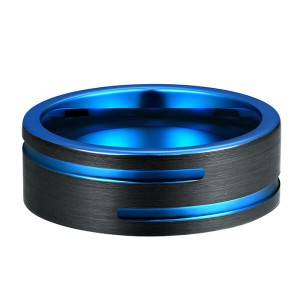 Tungsten Carbide Single Band Customize Blue Line Ring Black and Black Brushed Comfort Fit