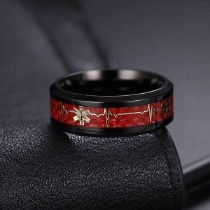 Men’s 8mm Black with Red Tungsten Carbide Ring  Comfort Fit Single Band Size