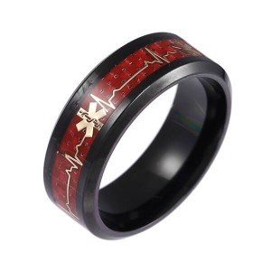 Men’s 8mm Black with Red Tungsten Carbide Ring  Comfort Fit Single Band Size