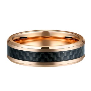 Mens Black Carbon Fiber And Rose gold Tungsten Ring Wedding Band Comfort Fit Beveled Edge