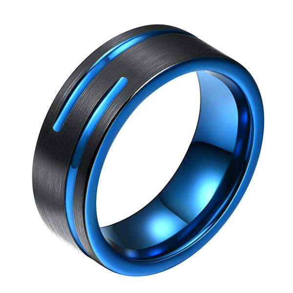 Tungsten Carbide Single Band Customize Blue Line Ring Black and Black Brushed Comfort Fit Featured Image