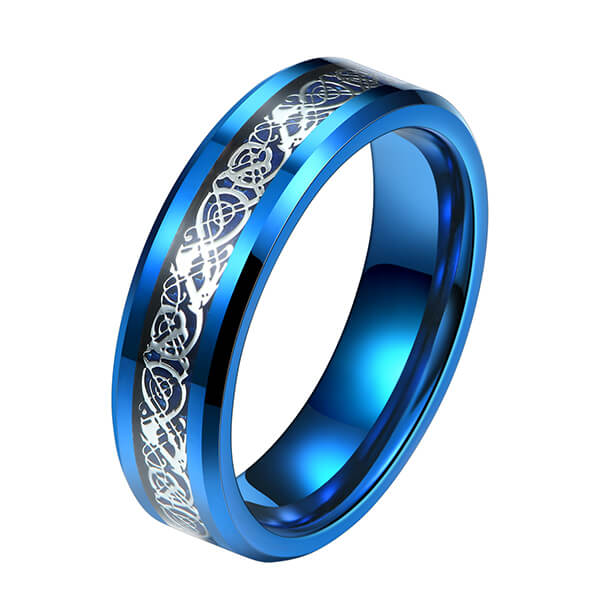 Unique Silver Celtic Dragons With Blue Background Tungsten Steel Inlay Rings Featured Image