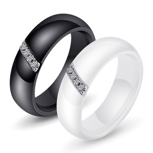 Women’s Ceramic Slanting Rod Zircon Engagement Wedding Band Ring Black White