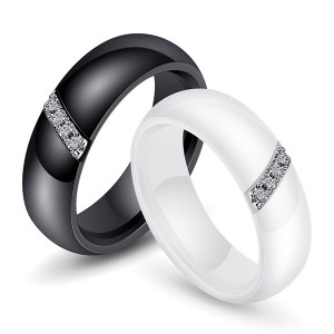 Women’s Ceramic Slanting Rod Zircon Engagement Wedding Band Ring Black White