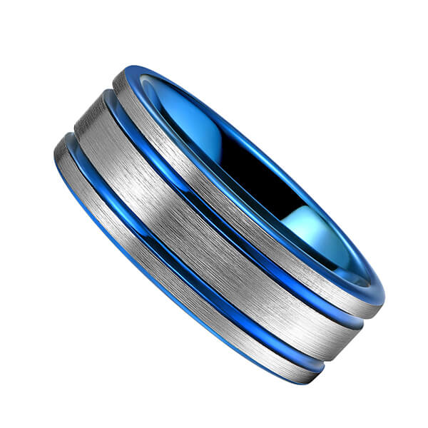 Newly Arrival Two Tone Tungsten Wedding Bands - Classic Men 8mm Blue Tungsten Carbide Rings Polished Beveled Edge Double Groove For Mens – Ouyuan detail pictures