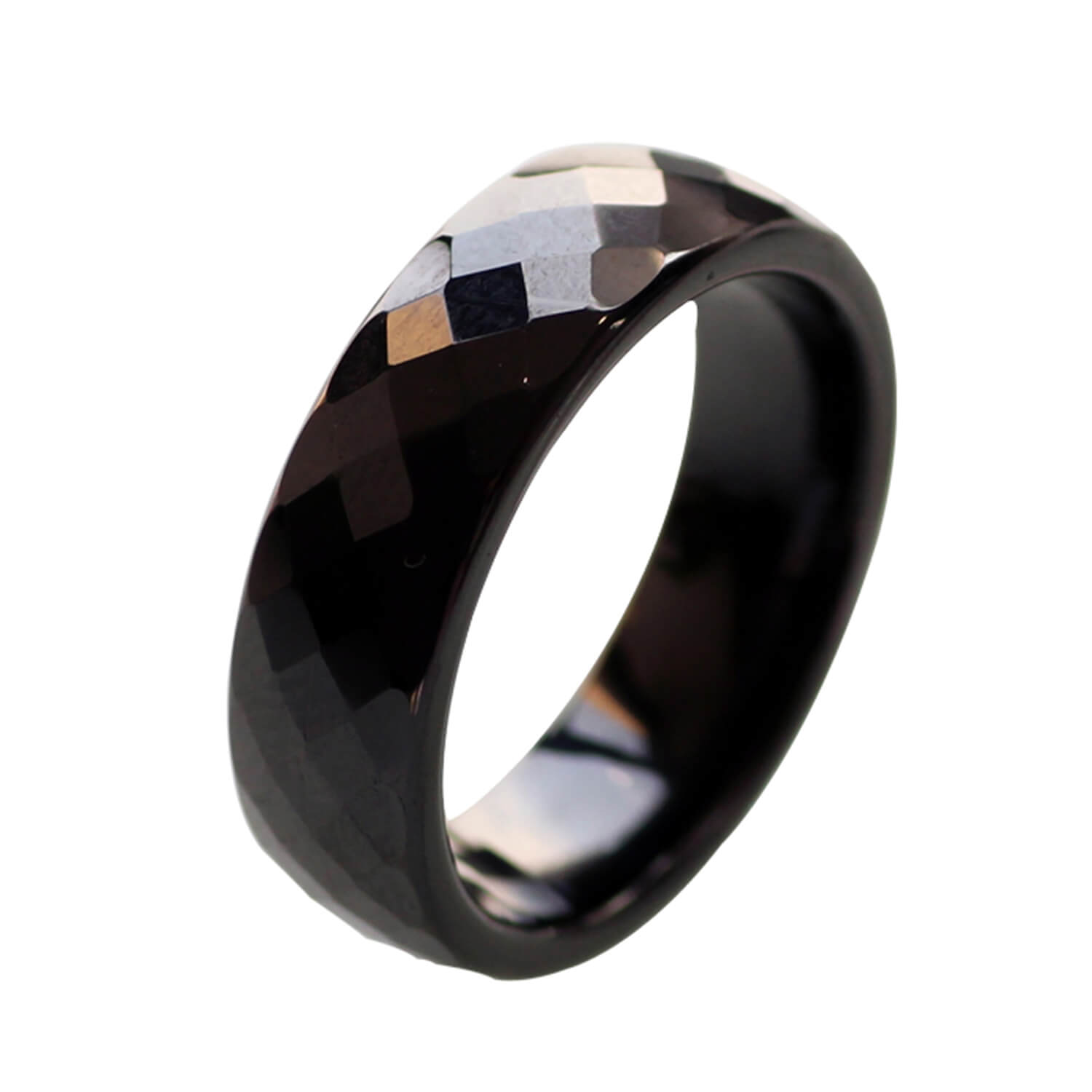 Ceramic Wedding Bands For Women Black Polished Finish Faceted Wedding Ring Comfort Fit Featured Image