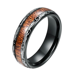 Men’s Black Tungsten Carbide Wedding Band Wood Inlay Floral Design Engagement Ring