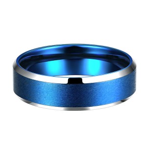 Blue Interior With Silver Beveled Edge Brushed Polished Tungsten Carbide Wedding Band Ring For Men