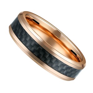 Mens Black Carbon Fiber And Rose gold Tungsten Ring Wedding Band Comfort Fit Beveled Edge