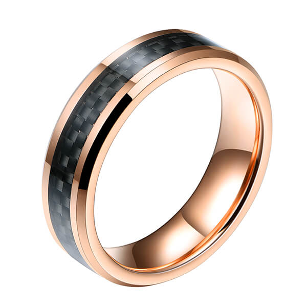 Mens Black Carbon Fiber And Rose gold Tungsten Ring Wedding Band Comfort Fit Beveled Edge Featured Image