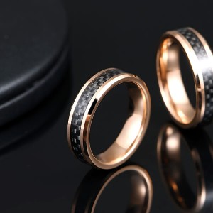 Mens Black Carbon Fiber And Rose gold Tungsten Ring Wedding Band Comfort Fit Beveled Edge