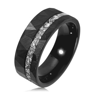 Brushed Tungsten Hammered Band Black Faceted Wedding Meteorite Ring