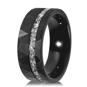 Brushed Tungsten Hammered Band Black Faceted Wedding Meteorite Ring