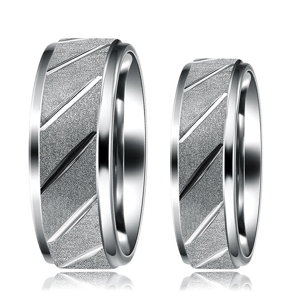 100% Original Tungsten Wood Wedding Band - Tungsten Carbide Ring Diagonally Grooved Brushed Finish Silver Wedding Band for Men – Ouyuan detail pictures