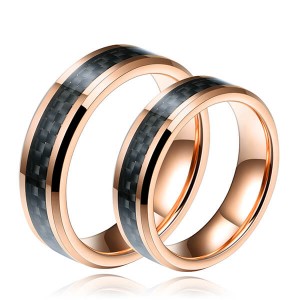Mens Black And Gold Carbon Fiber Tungsten Ring Wedding Band Comfort Fit Beveled Edge