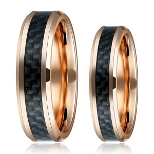 Mens Black And Gold Carbon Fiber Tungsten Ring Wedding Band Comfort Fit Beveled Edge