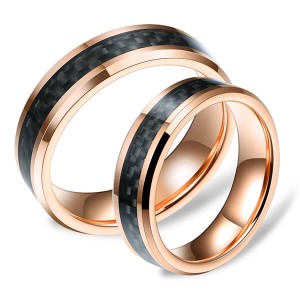 Mens Black And Gold Carbon Fiber Tungsten Ring Wedding Band Comfort Fit Beveled Edge