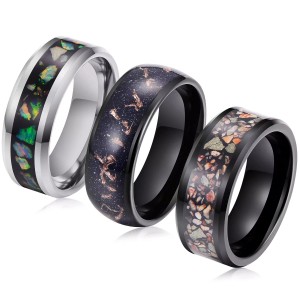 8mm Men Women Fashion Engagement Wedding Band Black Hammered Tungsten Ring Dinosaur Bone Inlay Comfort Fit