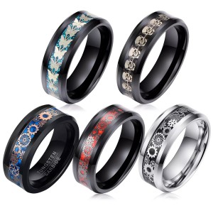 Two Tones Black Celtic Dragon 8mm Mens Tungsten Ring With Blue Carbon Fibre Pattern Wedding Band