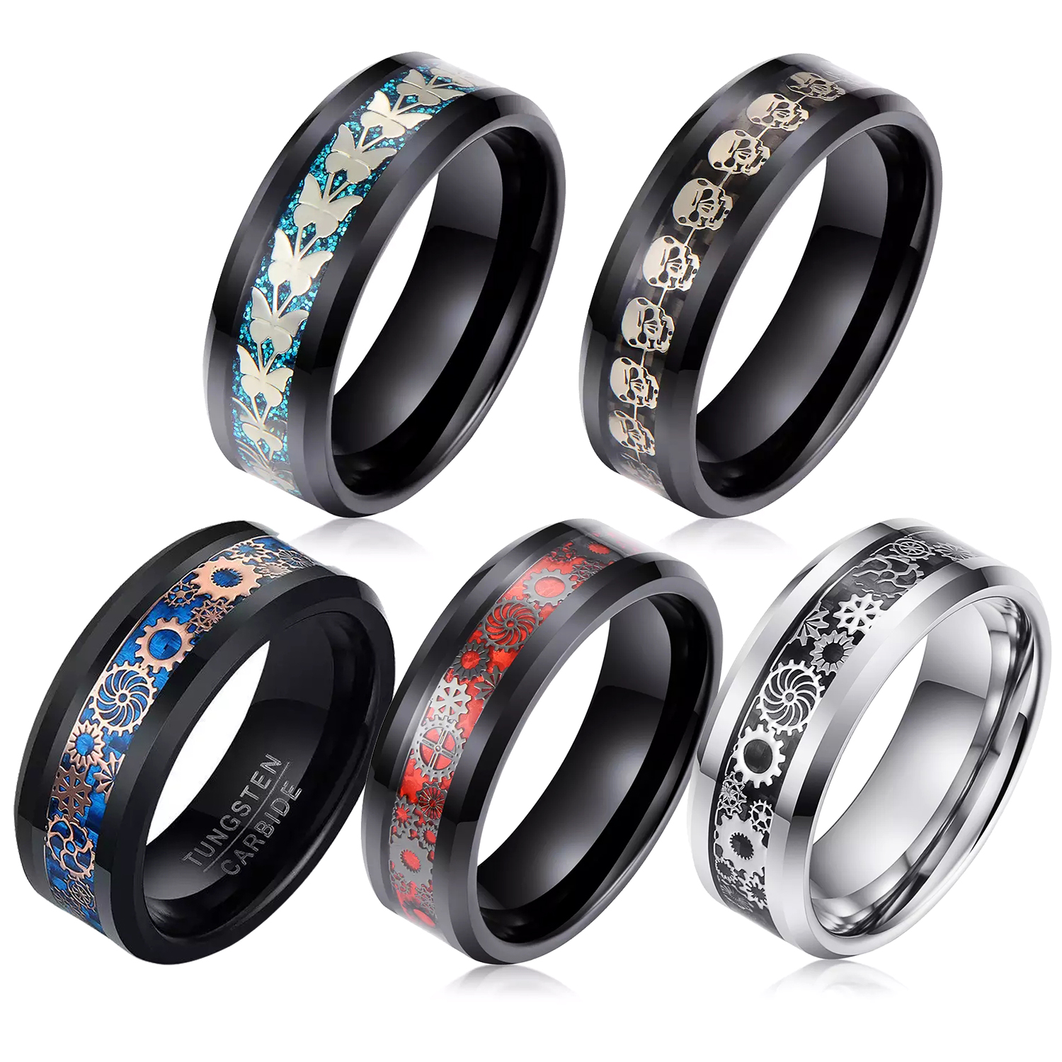 Two Tones Black Celtic Dragon 8mm Mens Tungsten Ring With Blue Carbon Fibre Pattern Wedding Band Featured Image