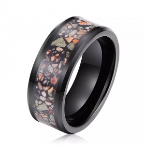 8mm Men Women Fashion Engagement Wedding Band Black Hammered Tungsten Ring Dinosaur Bone Inlay Comfort Fit