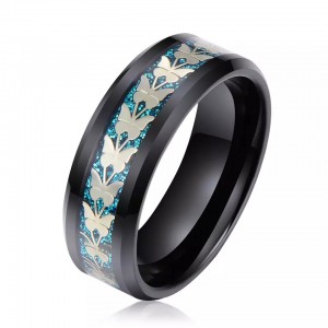 Two Tones Black Celtic Dragon 8mm Mens Tungsten Ring With Blue Carbon Fibre Pattern Wedding Band