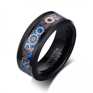 Two Tones Black Celtic Dragon 8mm Mens Tungsten Ring With Blue Carbon Fibre Pattern Wedding Band