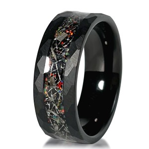 8mm Colorful Meteorite Black Hammered Tungsten Fire Opal Ring