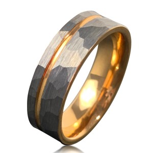 Wholeasle 8mm Gold Plated Harmmered Tungsten Ring with Groove For Men